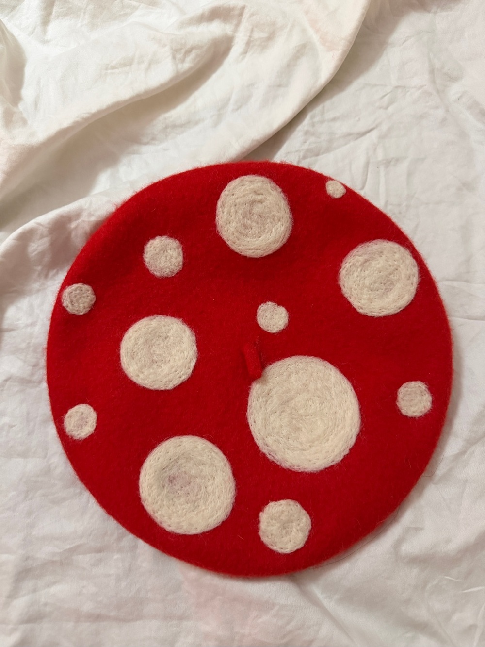 Hand Embroidered Mushroom Wool Beret (Red/White)